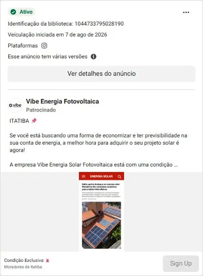 Anúncio de Vibe Energia Fotovoltaica: Projeto de energia solar com condição exclusiva para moradores de Itatiba