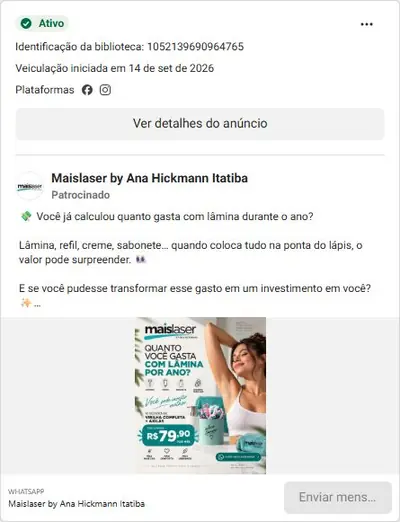 Anúncio de Maislaser by Ana Hickmann Itatiba: 10 sessões de depilação a laser (virilha+axilas) por R$79,90/mês