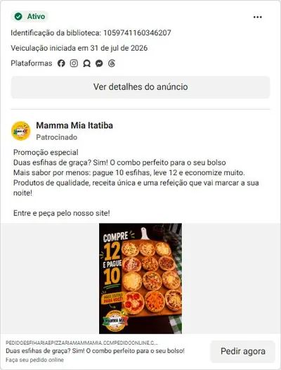Anúncio de Mamma Mia Itatiba: Promoção pague 10 esfihas, leve 12
