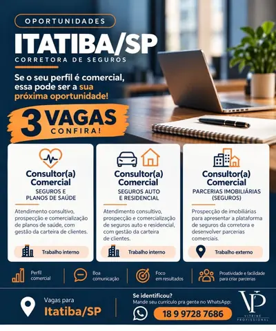 Anúncio de Vitrine Profissional - VP: Vagas comerciais para corretora de seguros