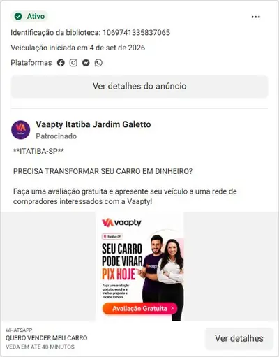 Anúncio de Vaapty Itatiba Jardim Galetto: Venda seu carro em até 40 minutos com PIX na hora