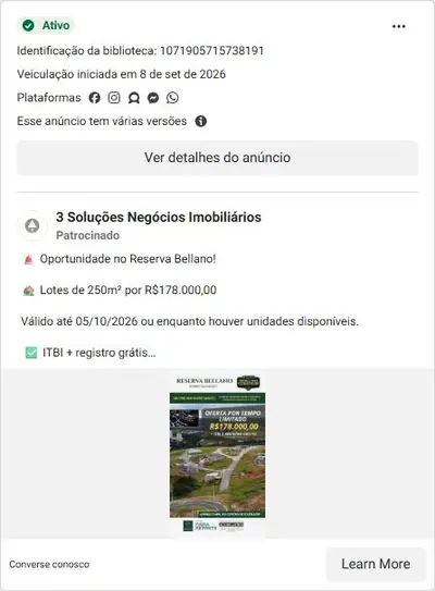 Anúncio de 3 Soluções Negócios Imobiliários: Lotes 270-275m² no Villaggio Bellano, R$190.000, últimas unidades