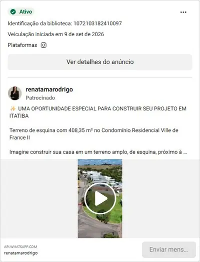 Anúncio de renatamarodrigo: Terreno de esquina 408,35 m² em condomínio em Itatiba