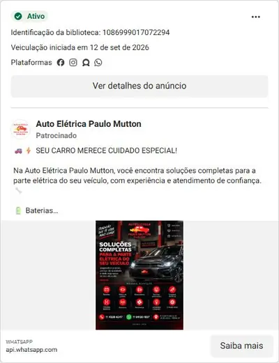 Anúncio de Auto Elétrica Paulo Mutton: Serviços de elétrica automotiva: baterias, motor de partida, scanner