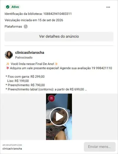 Anúncio de clinicasilviarocha: Botox, preenchimento e criolipólise com preços por sessão