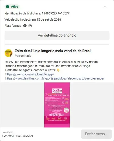 Anúncio de Zaira demillus,a langerie mais vendida do Brasil: Recrutamento de revendedora De Millus (renda extra)