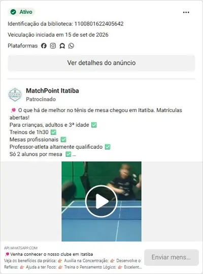 Anúncio de MatchPoint Itatiba: Aulas de tênis de mesa, matrículas abertas, aula experimental grátis