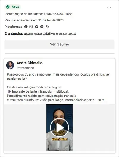 Anúncio de André Chimello: Implante de lente intraocular multifocal para presbiopia