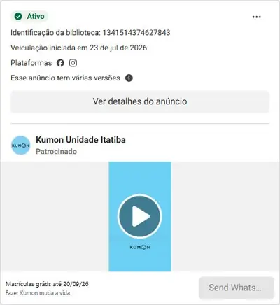 Anúncio de Kumon Unidade Itatiba: Matrículas grátis até 20/09/26 (Português, Matemática, Inglês)