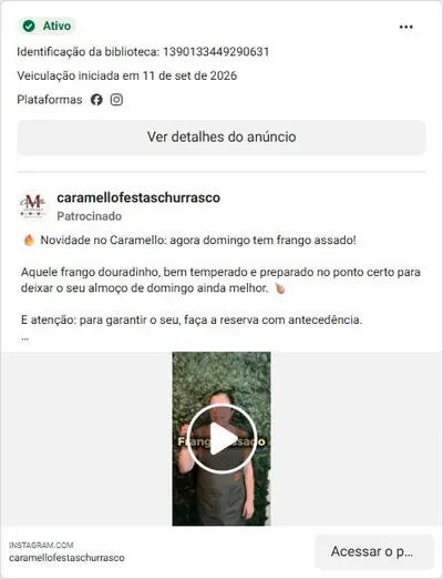 Anúncio de caramellofestaschurrasco: Frango assado aos domingos, espetinhos e churrasco (delivery/retirada)