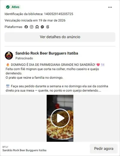 Anúncio de Sandrão Rock Beer Burgguers Itatiba: Parmegiana grande de domingo, retirada 11h-14h30
