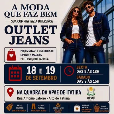 Anúncio de Outlet Jeans: Outlet beneficente de jeans, até 70% de desconto