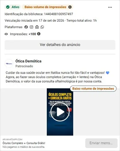 Anúncio de Ótica Demótica: Óculos completos com consulta oftalmológica grátis