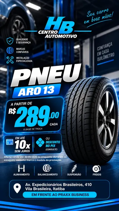Anúncio de HB Centro Automotivo: Pneu Aro 13 a partir de R$289,00, até 10x sem juros