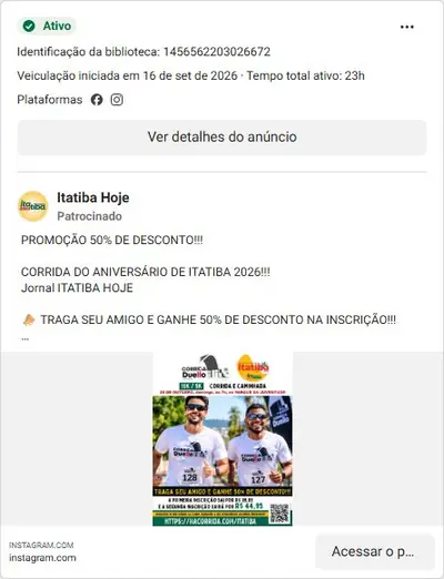 Anúncio de Itatiba Hoje: Inscrição para corrida de aniversário de Itatiba, com desconto