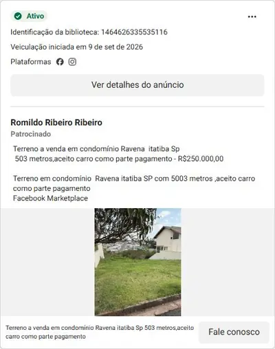 Anúncio de Romildo Ribeiro Ribeiro: Terreno à venda no condomínio Ravena, 503m², R$250.000