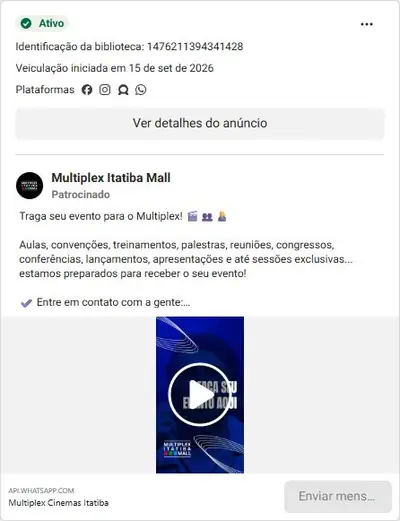 Anúncio de Multiplex Itatiba Mall: Locação de sala de cinema para eventos e aniversários