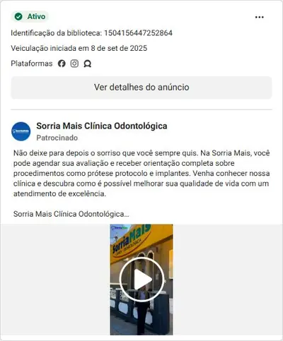 Anúncio de Sorria Mais Clínica Odontológica: Avaliação gratuita, prótese protocolo e implantes