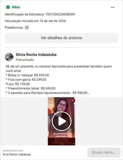 Anúncio de Silvia Rocha Indaiatuba: Botox, fios com garra e preenchimento labial com preços por sessão