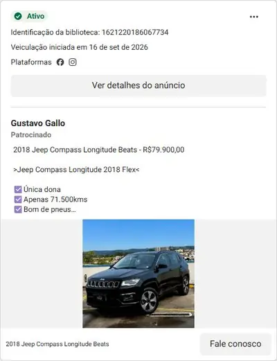 Anúncio de Gustavo Gallo: Venda de carros usados (Tracker, Compass) com garantia e financiamento