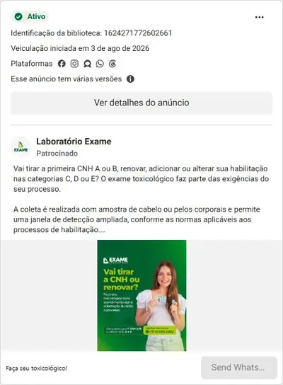 Anúncio de Laboratório Exame: Exames laboratoriais e toxicológicos para CNH