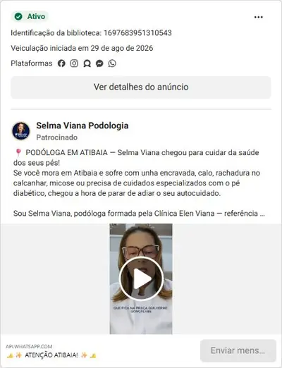 Anúncio de Selma Viana Podologia: Atendimento podológico (unha encravada, pé diabético) em Atibaia
