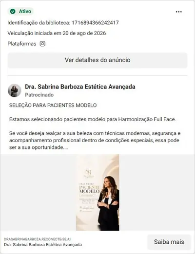 Anúncio de Dra. Sabrina Barboza Estética Avançada: Seleção de pacientes modelo para Harmonização Full Face