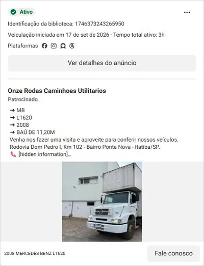 Anúncio de Onze Rodas Caminhoes Utilitarios: Venda de caminhão utilitário (MB L1620 2008, baú 11,20m)