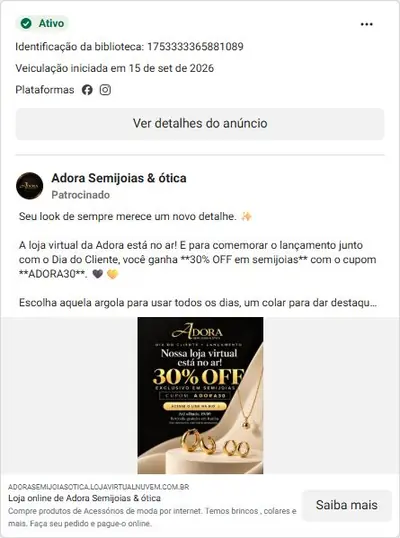 Anúncio de Adora Semijoias & ótica: 30% OFF em semijoias com cupom ADORA30, retirada em Itatiba