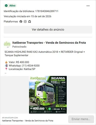 Anúncio de Itatibense Transportes - Venda de Seminovos da Frota: Venda de caminhão/carreta seminovo da frota própria