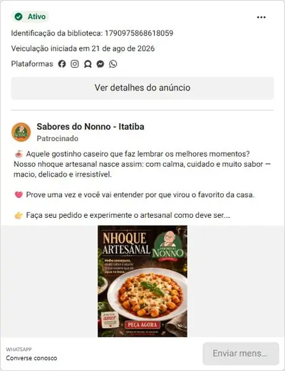 Anúncio de Sabores do Nonno - Itatiba: Massas artesanais congeladas (nhoque), delivery e loja física