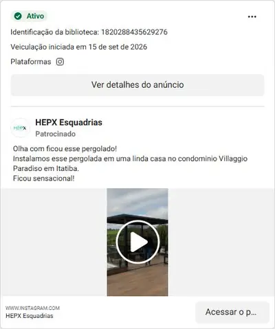 Anúncio de HEPX Esquadrias: Instalação de pergolado em esquadrias de alumínio e vidro