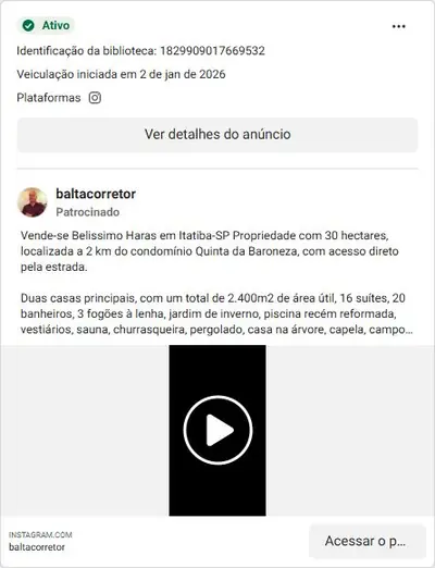Anúncio de baltacorretor: Haras de alto padrão à venda em Itatiba-SP, 30 hectares