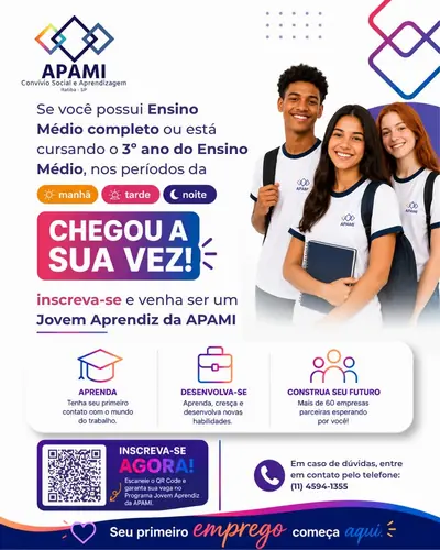 Anúncio de apamiitatiba: Vaga de jovem aprendiz para 14 a 22 anos