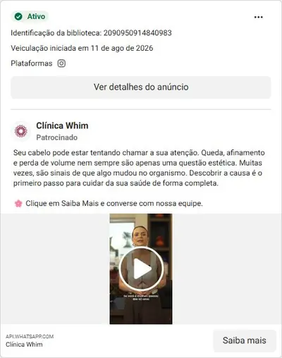 Anúncio de Clínica Whim: Consulta especializada em queda de cabelo com dermatologista