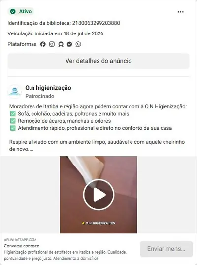 Anúncio de O.n higienização: Higienização e impermeabilização de estofados (sofá, colchão, cadeiras)