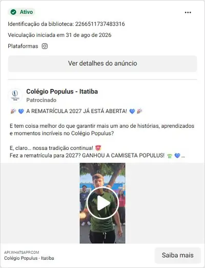 Anúncio de Colégio Populus - Itatiba: Rematrícula 2027 aberta com camiseta de presente