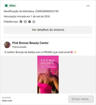 Anúncio de Pink Bronze Beauty Center: Bronzeamento artificial em promoção