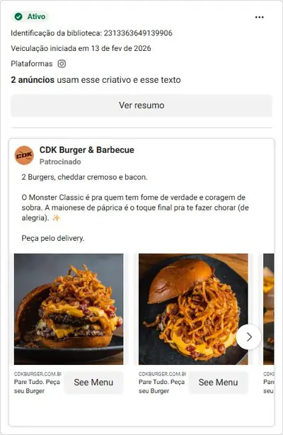 Anúncio de CDK Burger & Barbecue: Hambúrgueres artesanais via delivery, combos e promoções