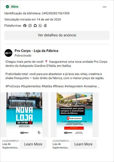 Anúncio de Pro Corps - Loja da Fábrica: Até 50% OFF em pré-treinos, direto da fábrica