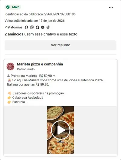 Anúncio de Marieta pizza e companhia: Pizza italiana em promoção, R$59,90, delivery