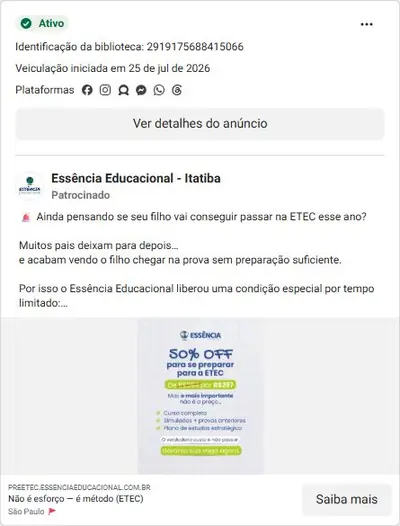 Anúncio de Essência Educacional - Itatiba: Curso preparatório para ETEC com 50% de desconto