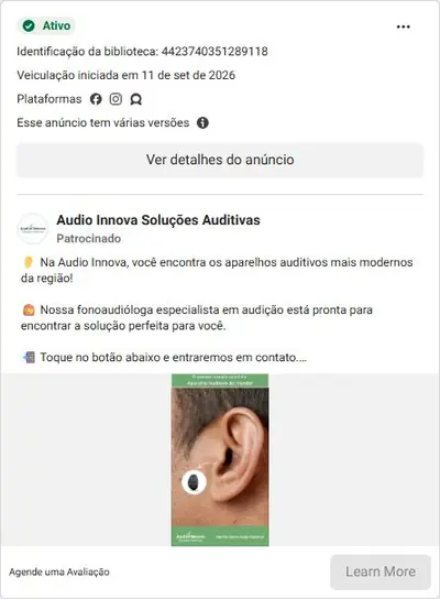 Anúncio de Audio Innova Soluções Auditivas: Aparelhos auditivos modernos com avaliação agendada