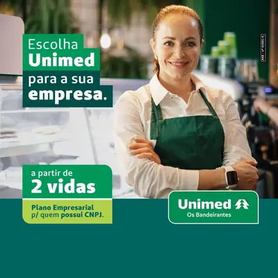 Anúncio de Unimed Os Bandeirantes: Plano de saúde empresarial a partir de 2 vidas (CNPJ/MEI)