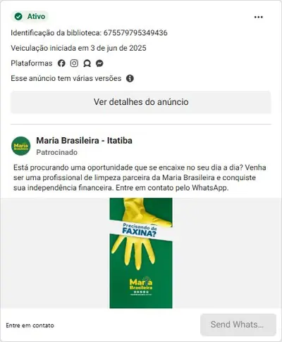 Anúncio de Maria Brasileira - Itatiba: Recrutamento de profissional de limpeza parceira (franquia)