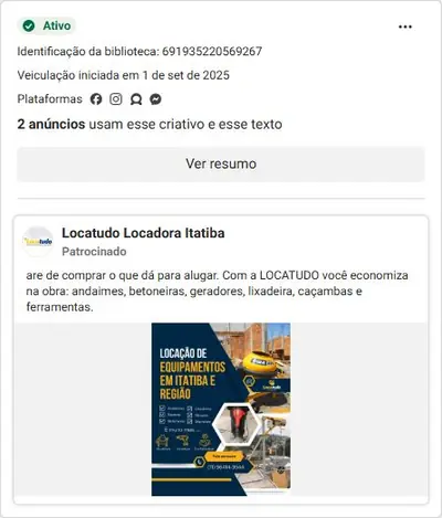 Anúncio de Locatudo Locadora Itatiba: Aluguel de equipamentos para obra (andaimes, betoneiras, geradores)