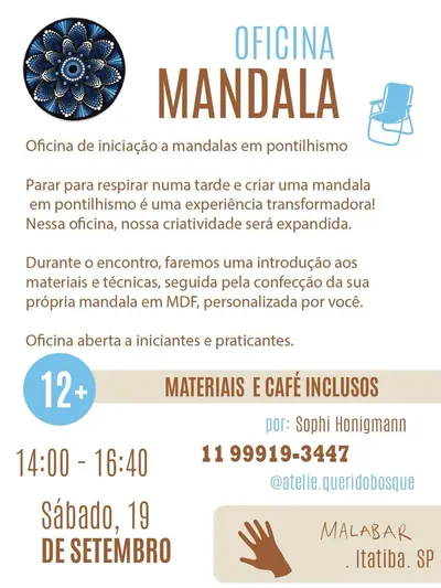Anúncio de Ateliê Querido Bosque: Oficina de mandalas em pontilhismo com café da tarde