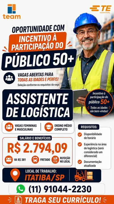 Anúncio de Team Soluções em RH: Vaga de Assistente de Logistica, R$2.794,09 + beneficios
