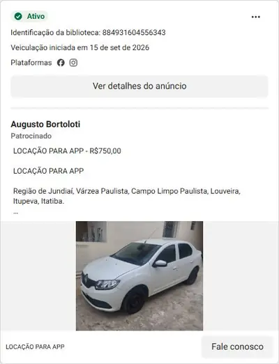 Anúncio de Augusto Bortoloti: Locação de carro para app, R$750 por semana