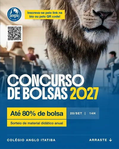 Anúncio de Anglo Itatiba: Concurso de bolsas, descontos de ate 80% na mensalidade